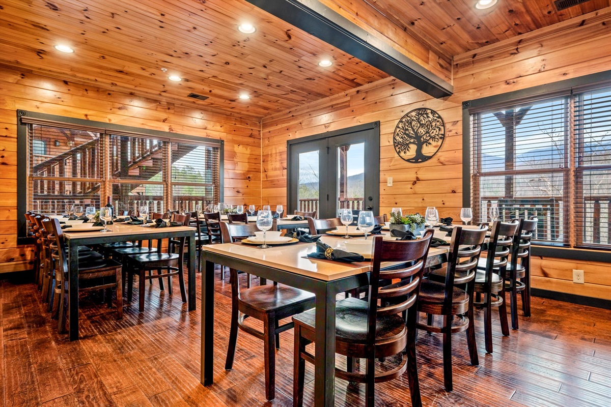 The dining area has 3 large quartz dining tables, each can seat 8-10 people.