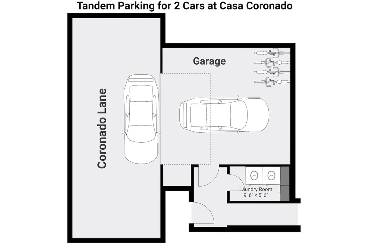 Here is the layout of the first floor and garage that shows how you can park two cars if necessary.