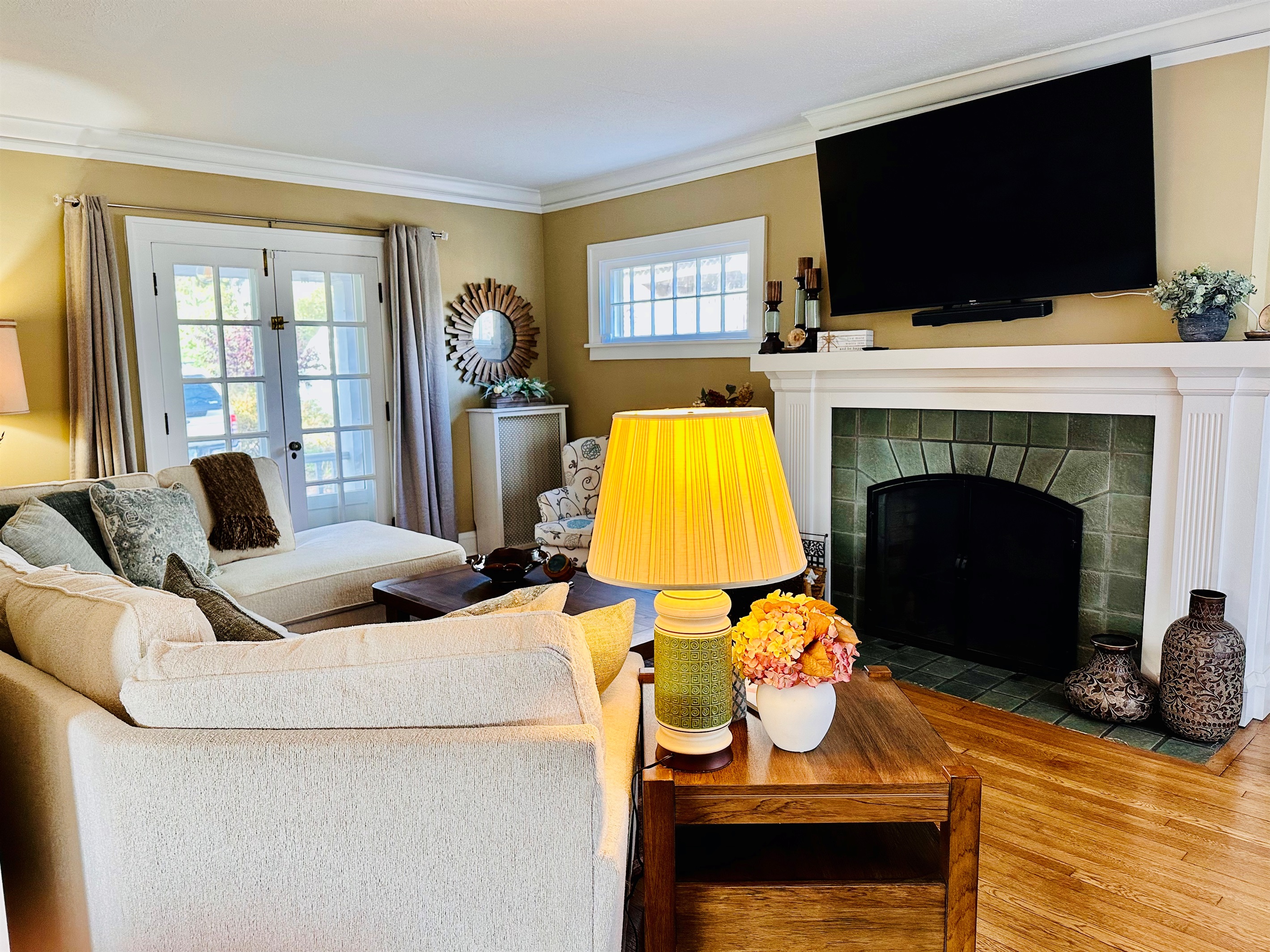 Lovely electric fireplace/heater and large smart TV