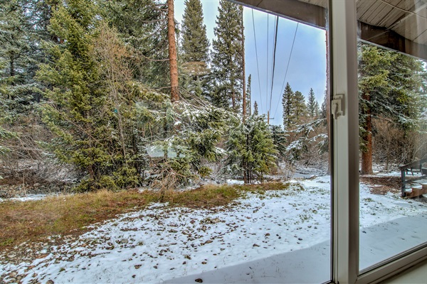 Take in your peaceful, forested creek view — snow-dusted trees just outside your window create a calm, private setting that’s all yours to enjoy.