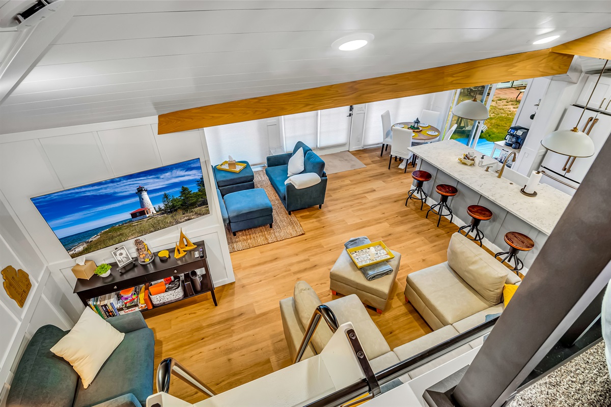 View from the loft, large open concept living and dining area