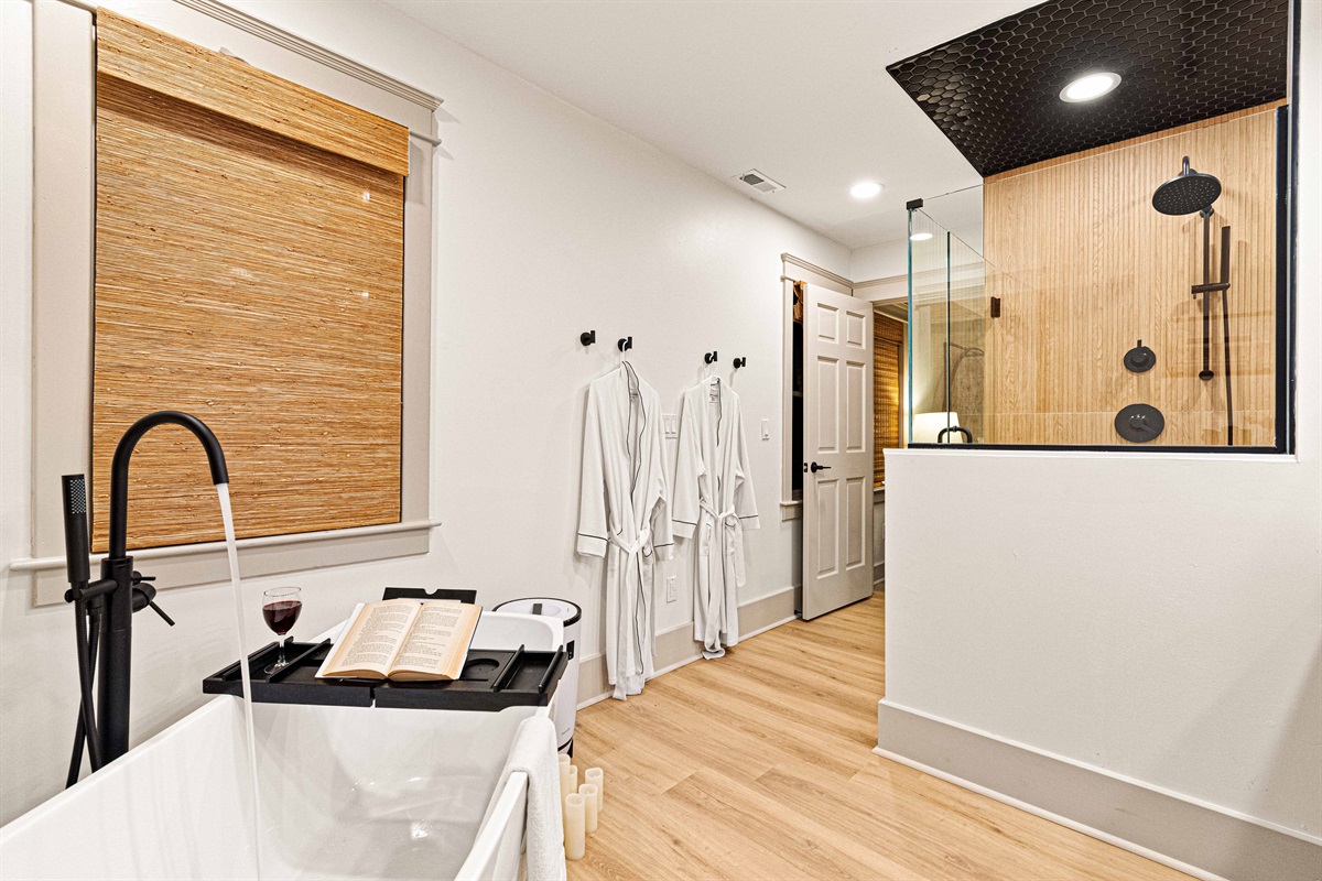 Your private spa like bathroom - towel warmer, robes, bath bombs, soaking tub