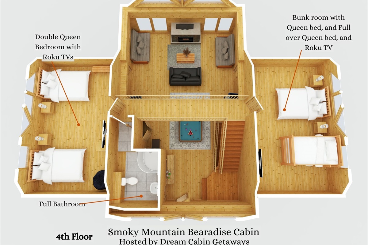 Top floor with double queen room, and queen with twin over full bunk, shared bathroom.