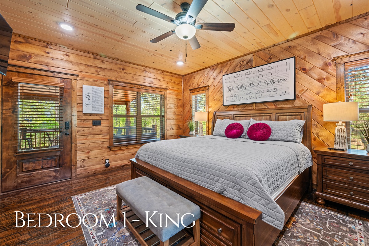 This king bedroom offers a peaceful retreat with warm wood tones, comfortable bedding, and a relaxing atmosphere.