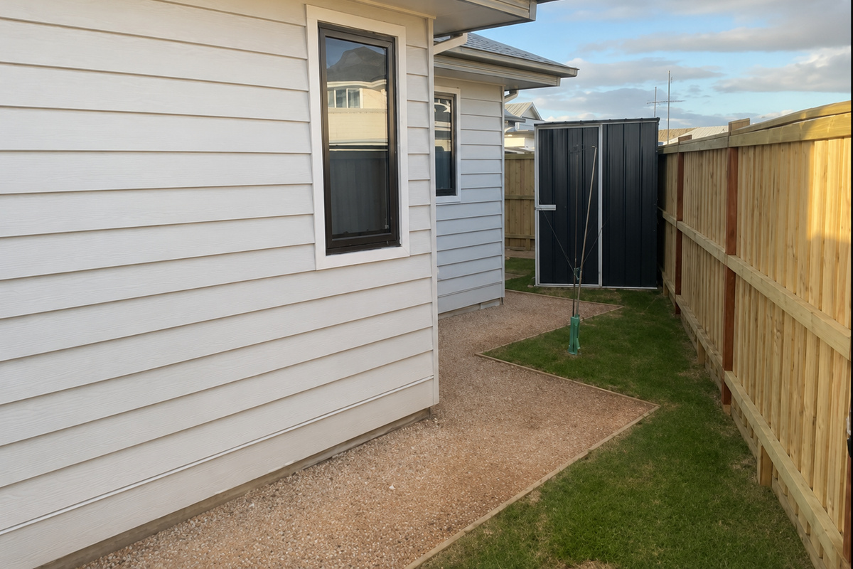 Private side yard with a lawn strip, gravel path and a dark storage shed, enclosed by timber fencing.