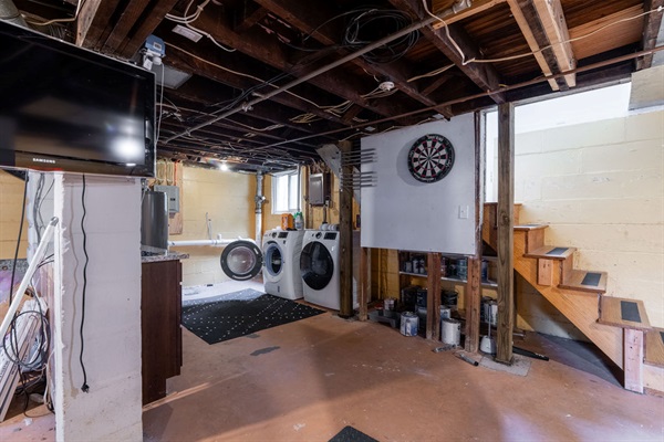 Washer and Dryer in the Basement with folding table and Dart Board.  Perfect getaway when you have a full house.