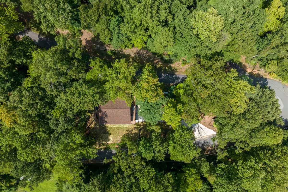Upper view drone footage of the cabin  