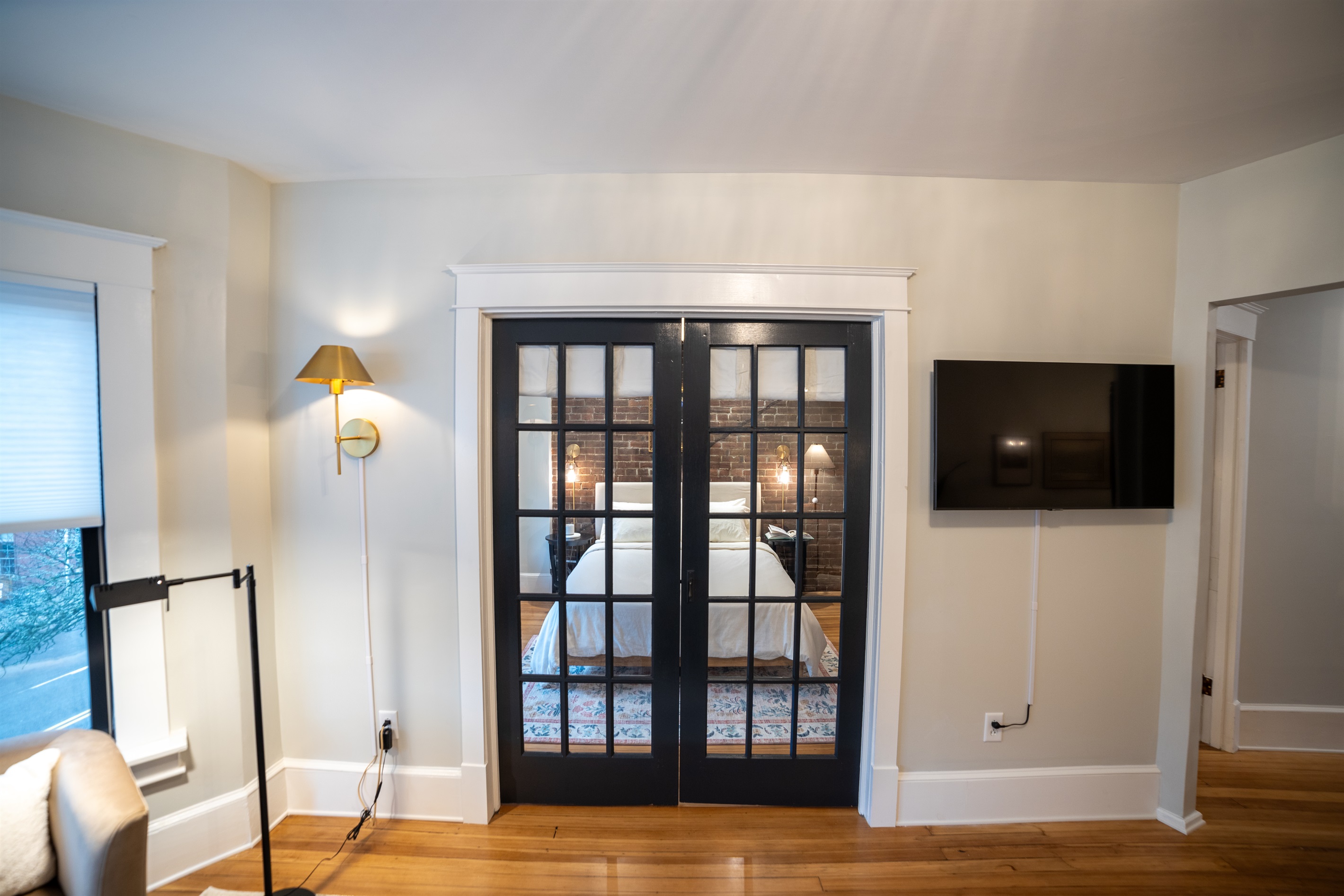 French door entrance from living room into Master bedroom. 