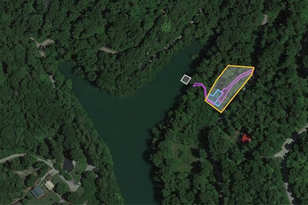 Aerial view of the lot, including estimated dock location. Cove is approximately 180ft wide at full pool.