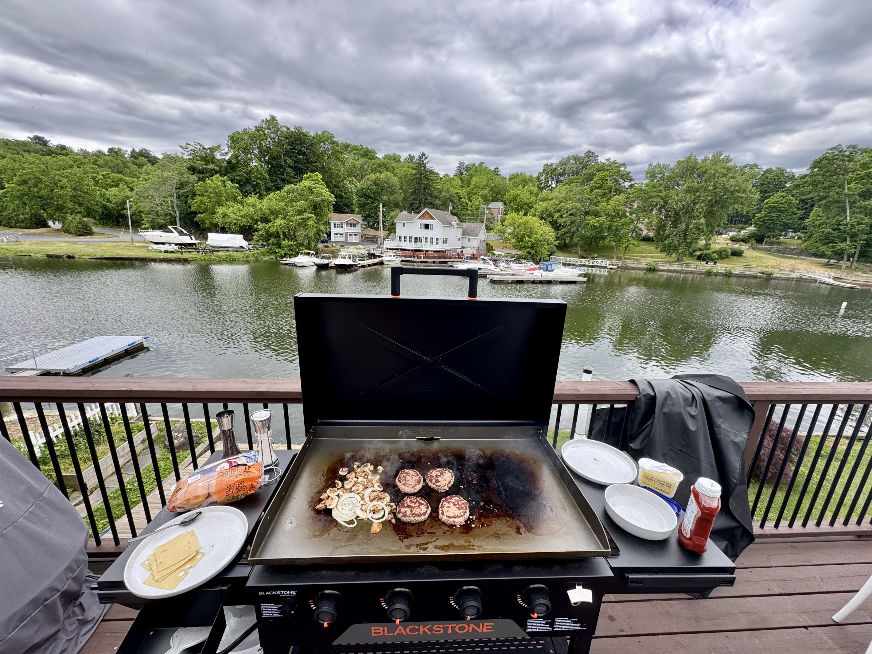 Blackstone griddle with waterfront dining views