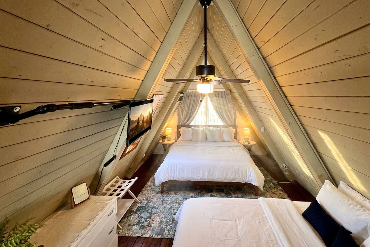 Loft bedroom, One king bed and a queen auto inflate mattress with base. 