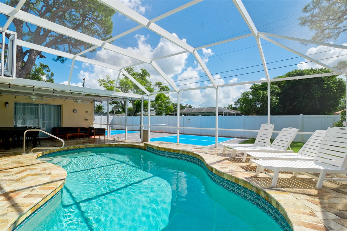 Sunbathe on the loungers, dine poolside, and stay active on the pickleball court — this space was designed for both relaxation and fun.