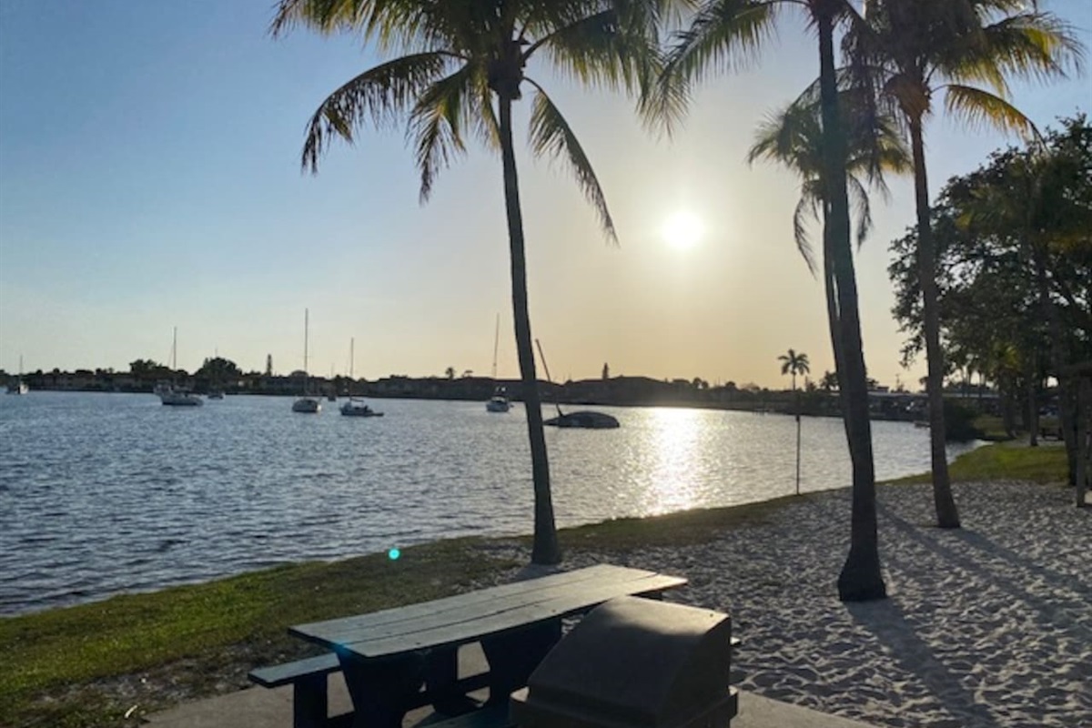 Four Freedoms Park, 10 minute bike ride from the house, beautiful views of bimini basin, restrooms, playground, picnic tables, sand beach, next door to local ice cream shop with great sundaes!!