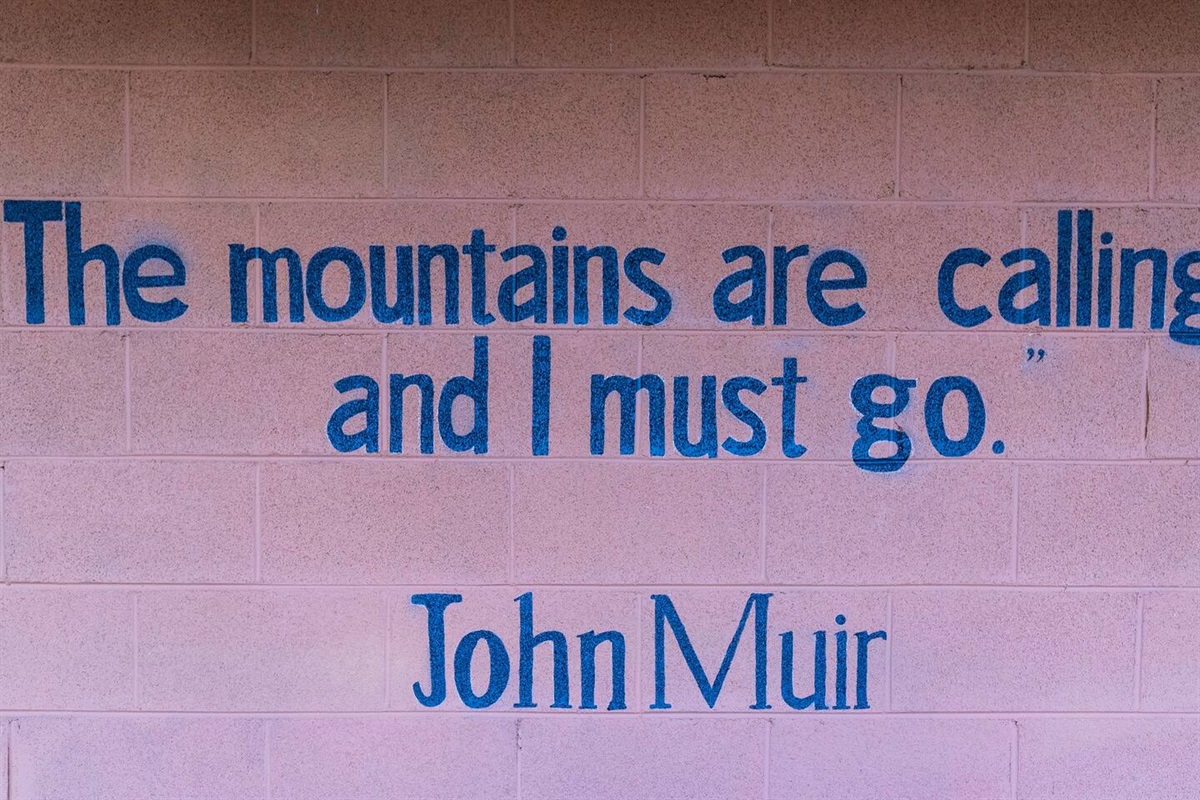 The mountains are calling :)  Mural on side of cabin.