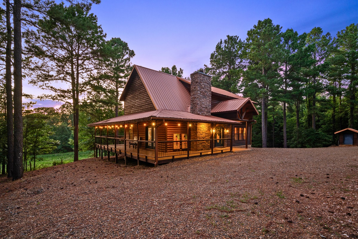 Golden hour wraps the cabin in warm light — perfect end to a perfect day.