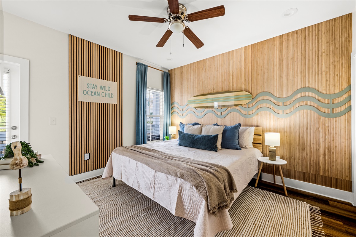 Surf inspired style meets cozy comfort. This unique bedroom brings relaxed beach vibes and a calm place to unwind after a day in the sun.