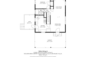 First floor plans featuring 1 bedroom, kitchen, living room and dinning room.