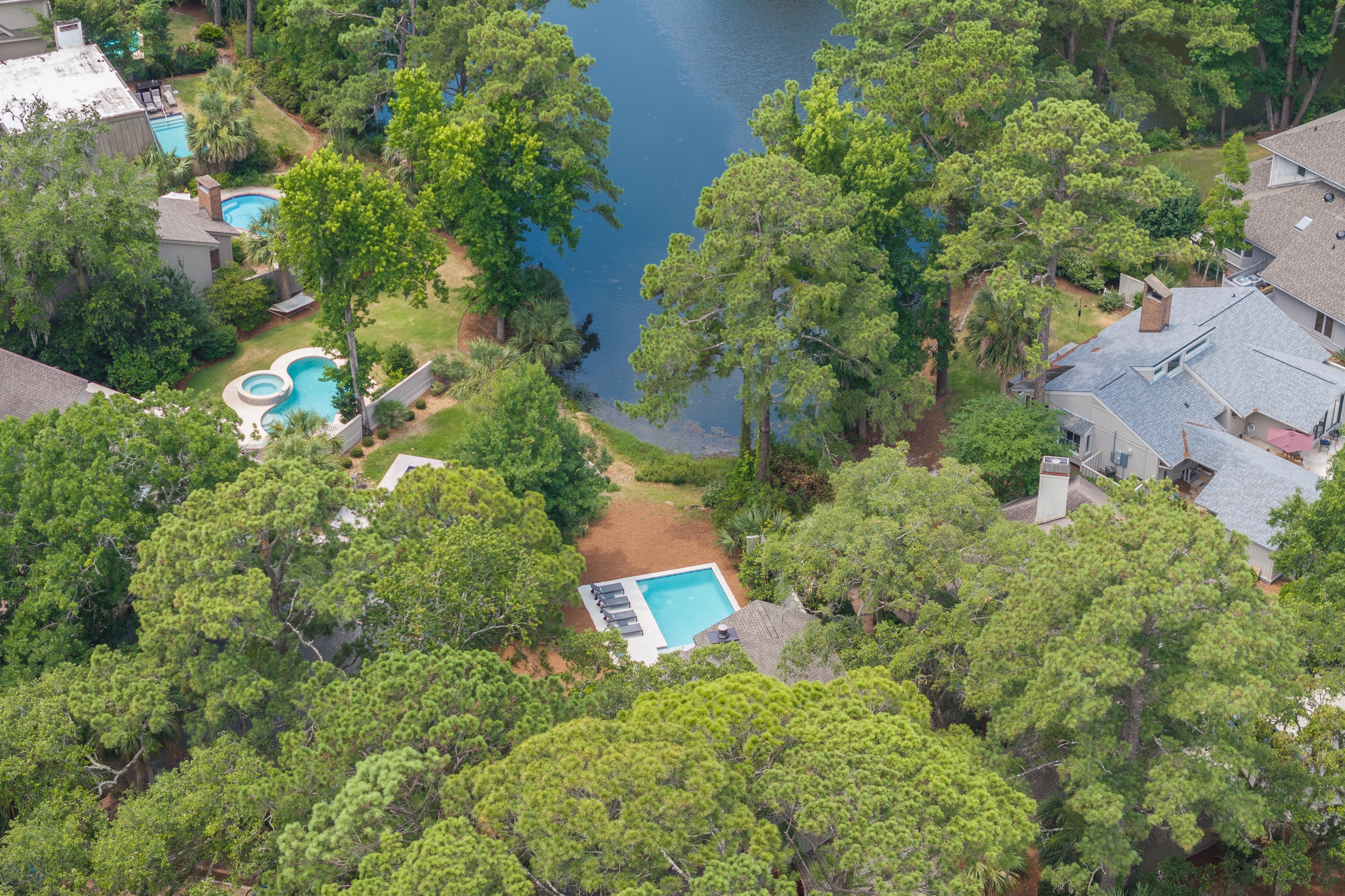 Aerial view of backyard and Heritage Pond