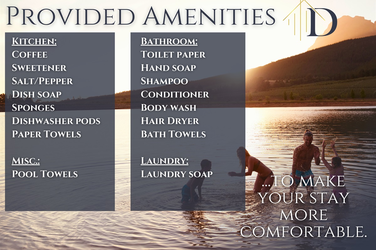 Enjoy the comforts of home with our amenities. From the kitchen to the bathroom and laundry room, we&rsquo;ve provided everything you need for a relaxing and convenient stay.