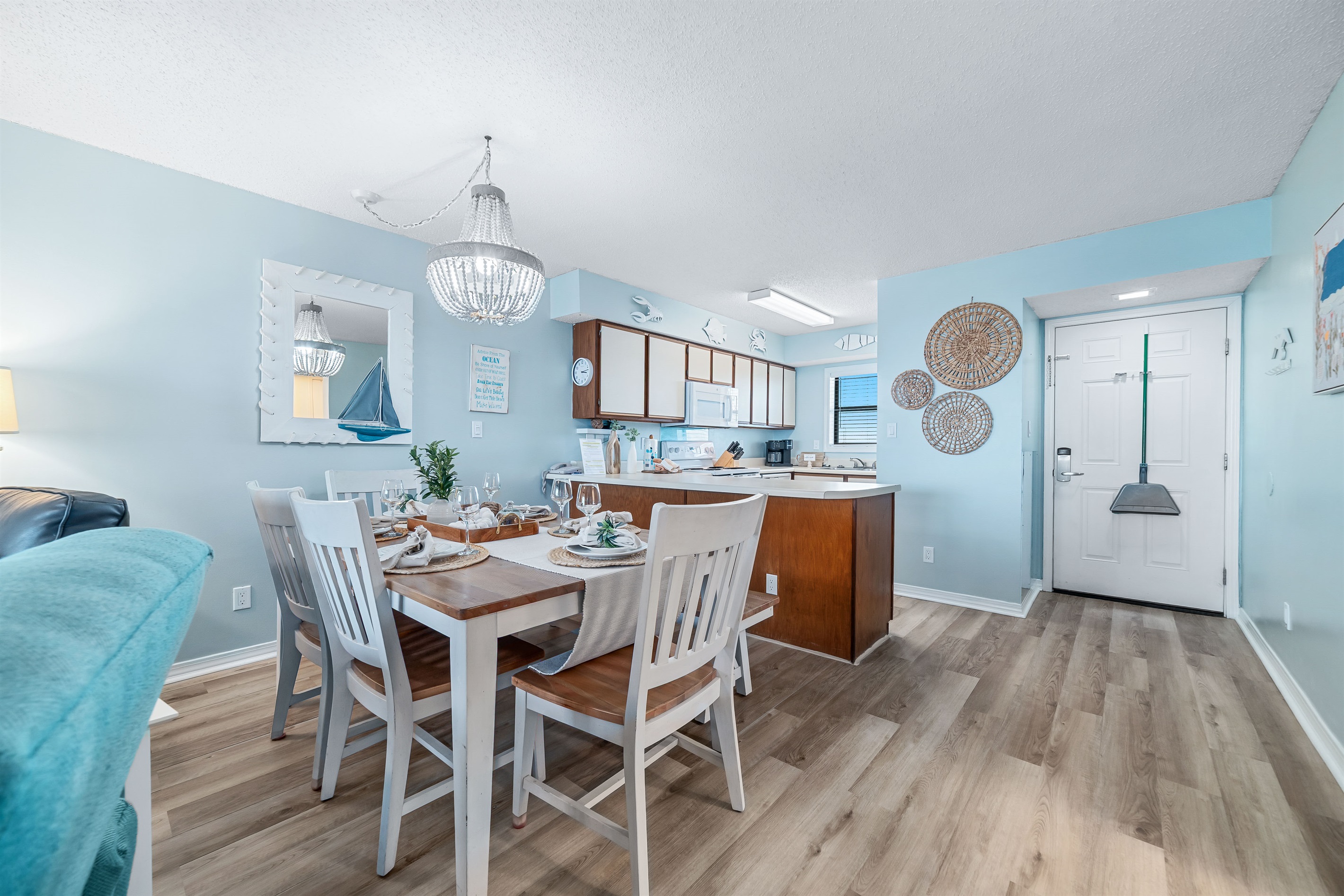 The natural textures and soft light create a serene atmosphere perfect for enjoying meals with a view.