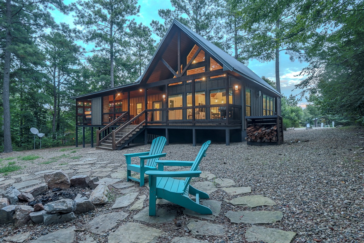 Firepit with stocked firewood shed
