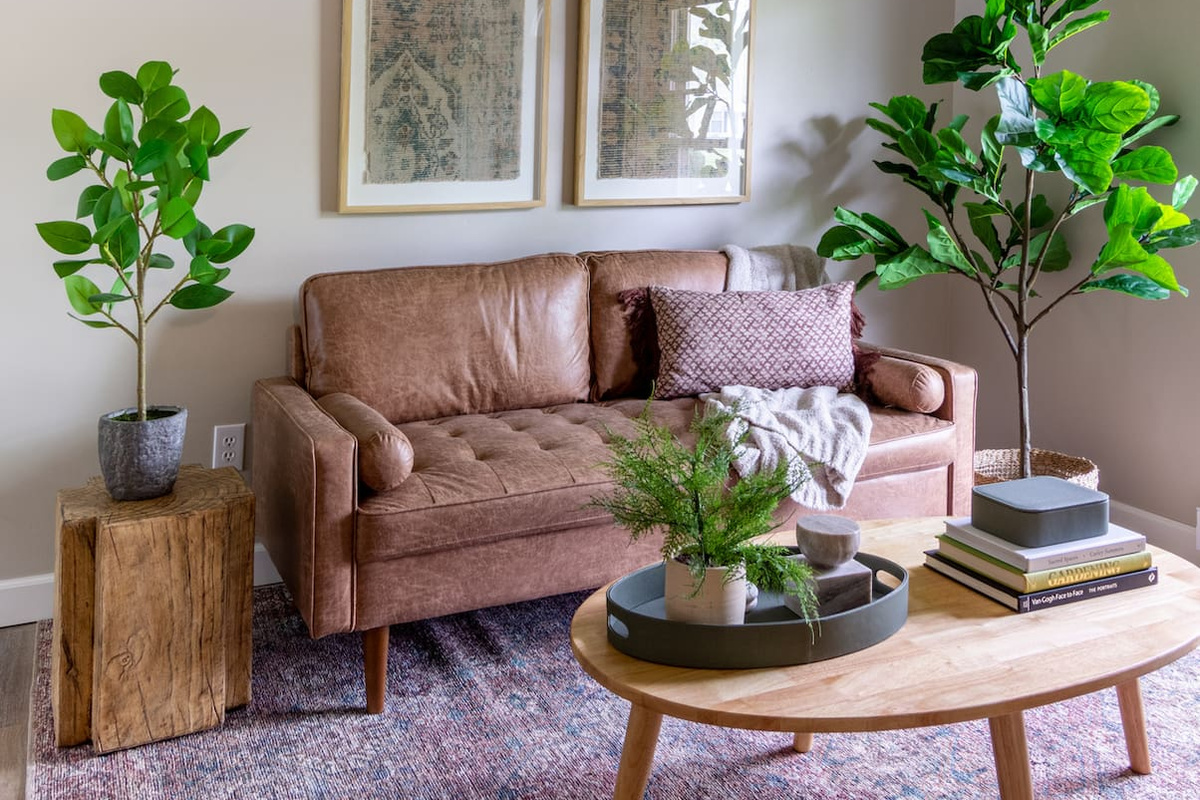 Rich leather seating paired with greenery brings a grounded, organic feel to the room.