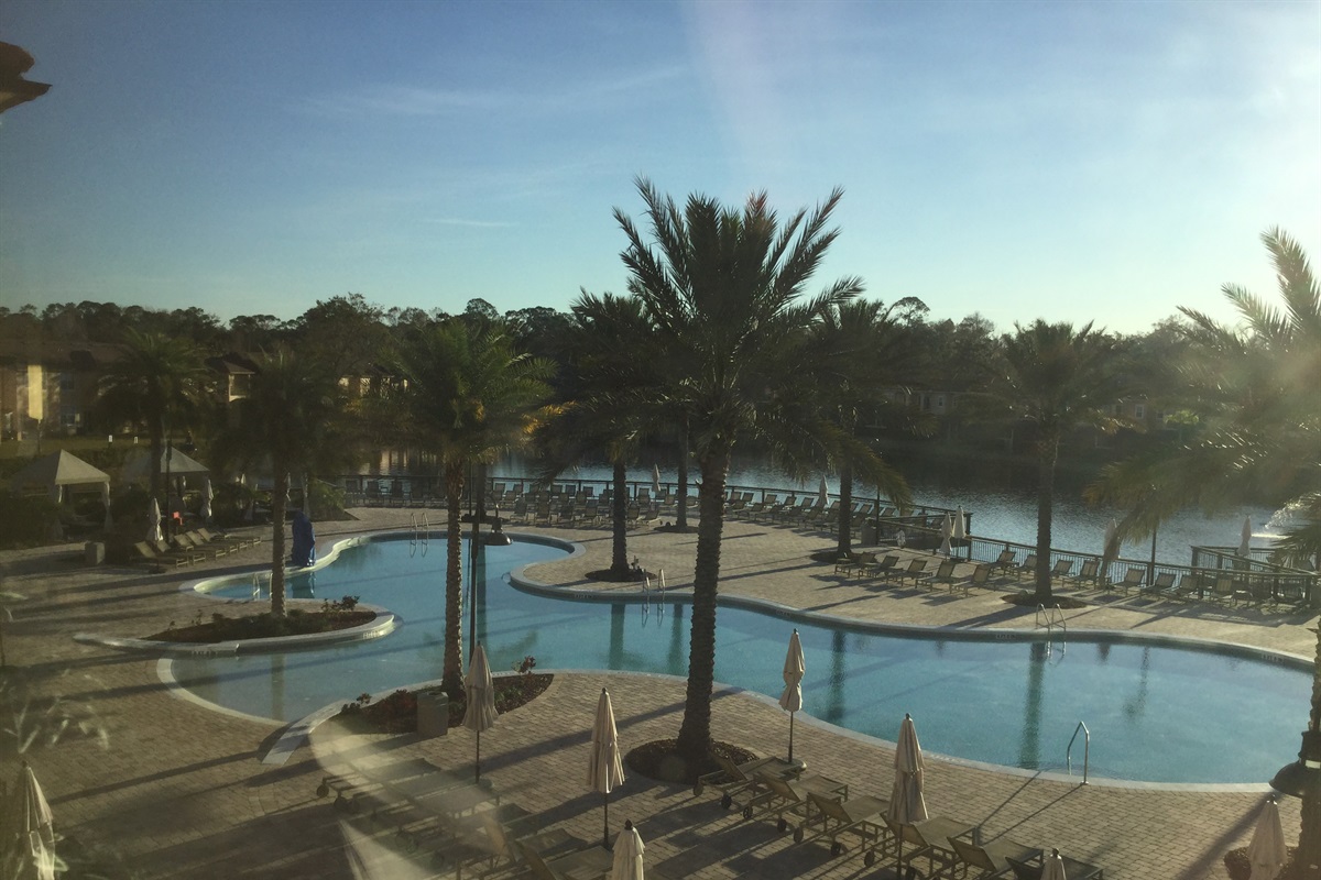 Resort pool at sunset