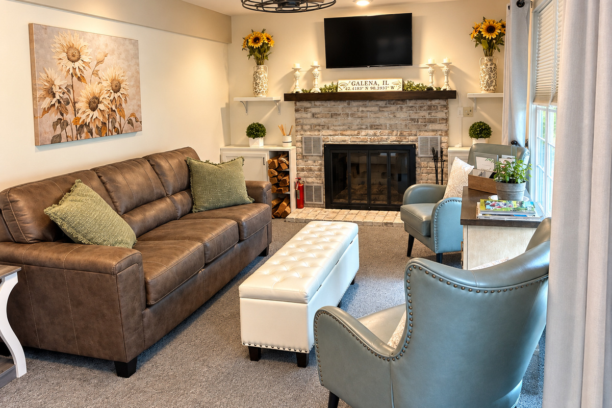 Cozy livingroom with wooded view