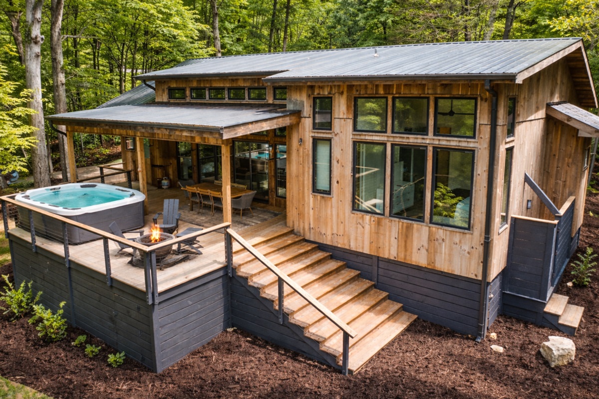 A full view of the deck, complete with a hot tub and cozy seating for outdoor relaxation.