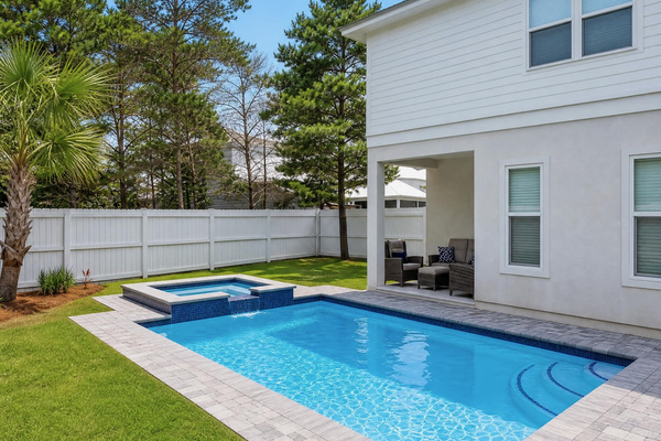 This image is a conceptual rendering provided by the construction company to illustrate the planned pool and spa. The completed project is anticipated before Spring 2027, and final details may differ slightly from this rendering.