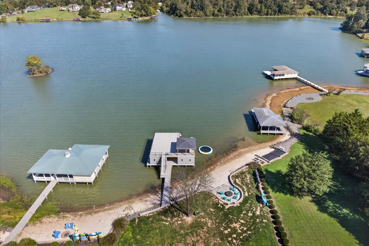 Sweeping aerial view of the property’s shoreline and wide-open Lake Anna setting.