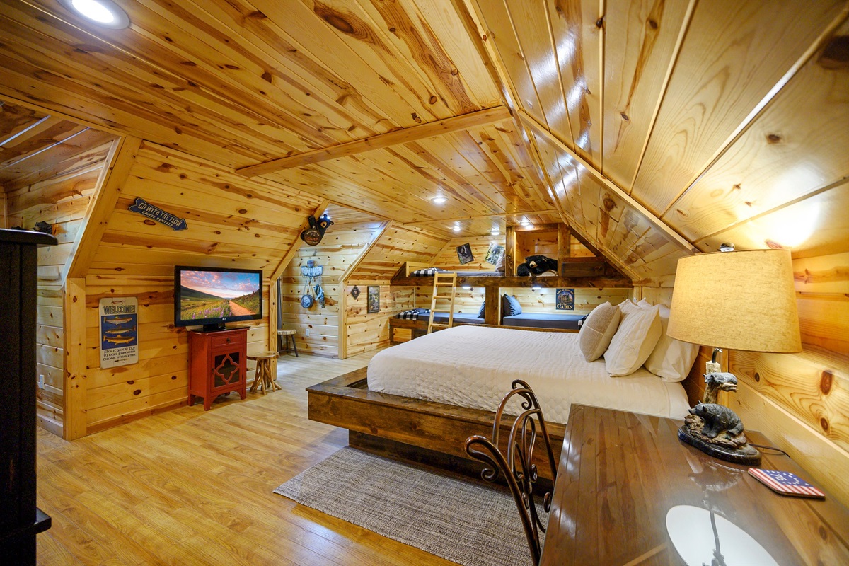 Bedroom 5: King bed and 3 twin bunks. Roku TV.