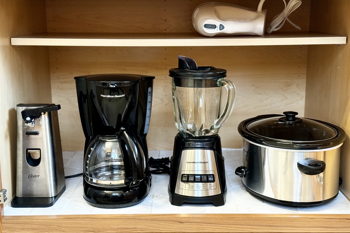 We include several small appliances so you can cook at the Farmhouse - crockpot, blender, coffee pot (full size and Keurig), hand mixer, small stand mixer, etc.
