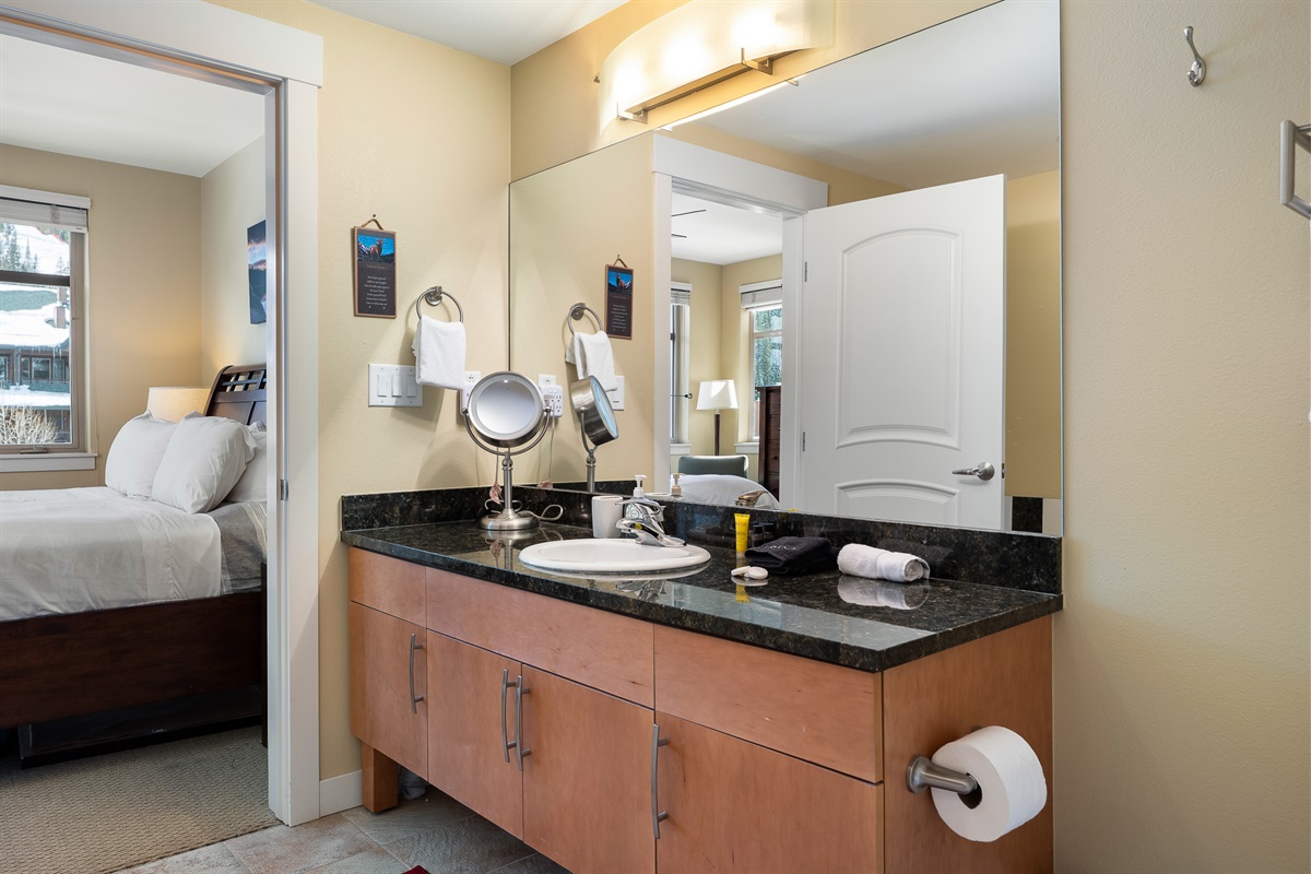 Large vanity with makeup mirror and dimmable lighting