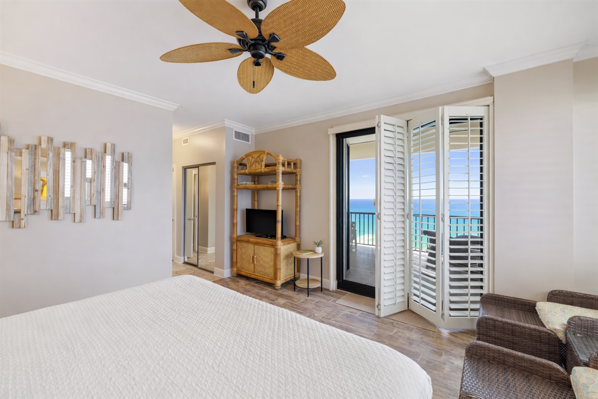 Primary bedroom will have a king bed, ceiling fan with light kit, wall mounted smart TV, direct balcony access and en-suite bathroom 