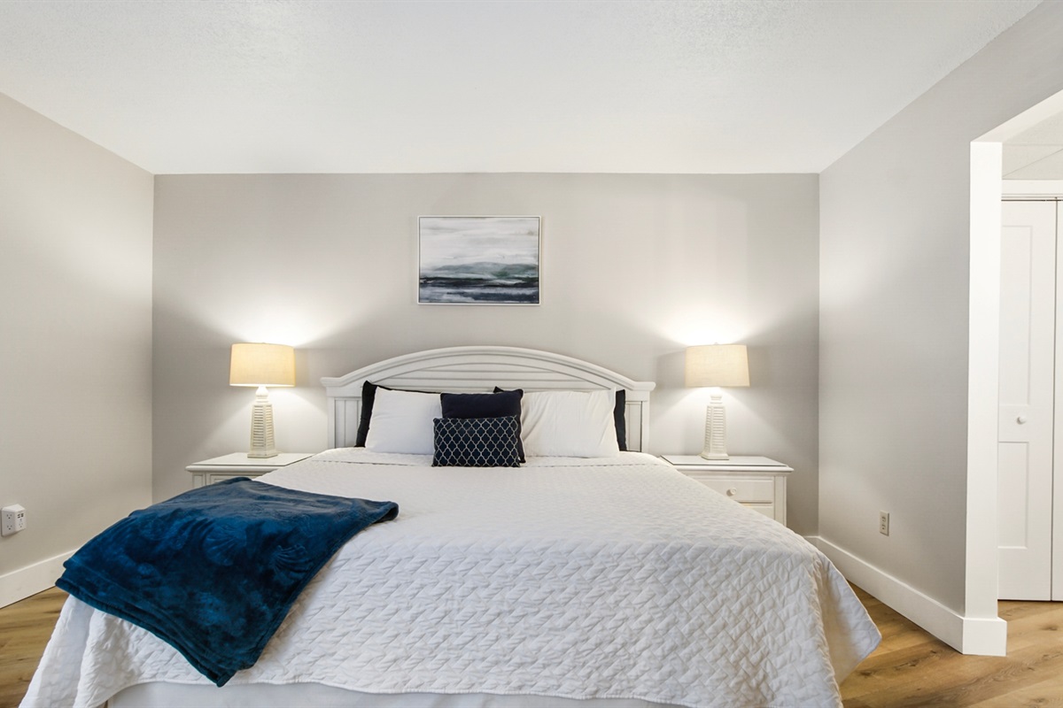 Main bedroom with king bed, ensuite bathroom, smart TV and clothing storage