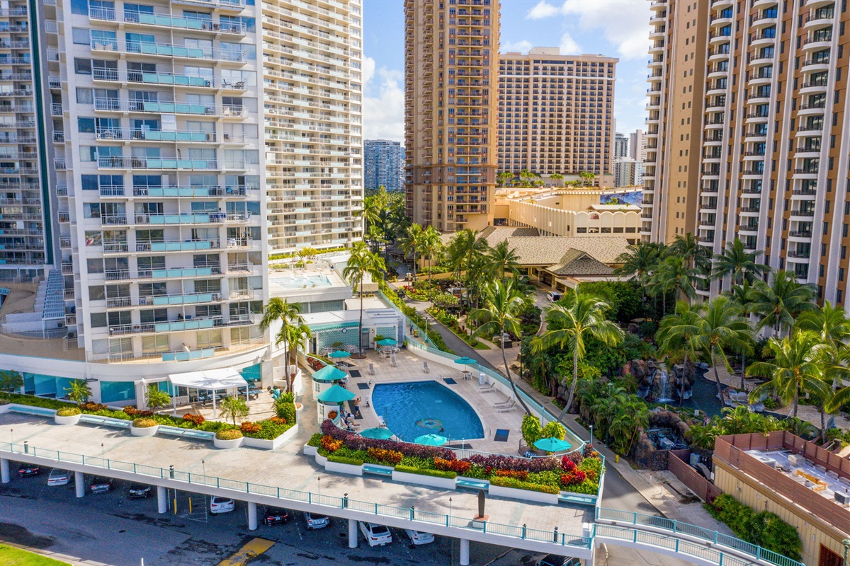 Back of the hotel with the walking promenade that leads to Duke's Lagoon and the beach!
