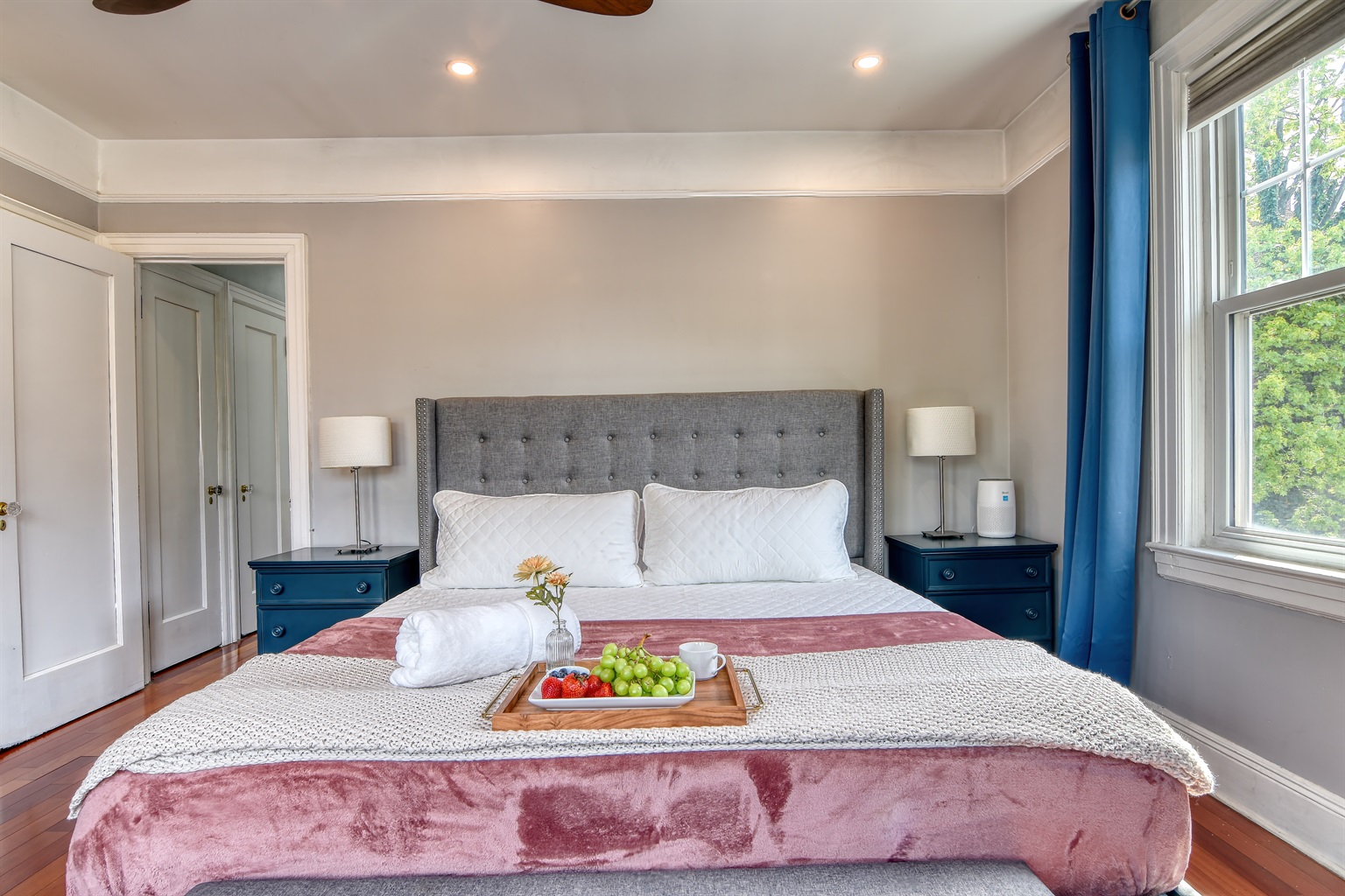 King bed #1, 55" TV, ceiling fan -- "And the beds were absolutely the most comfortable ever! So relaxing after a day of sightseeing!" Myra M. 11/2025