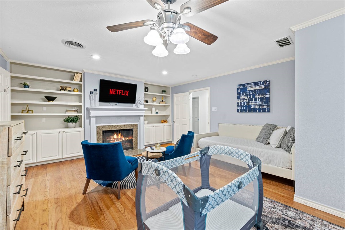 Kick back inside with Netflix on a mounted smart TV and a cozy fireplace.