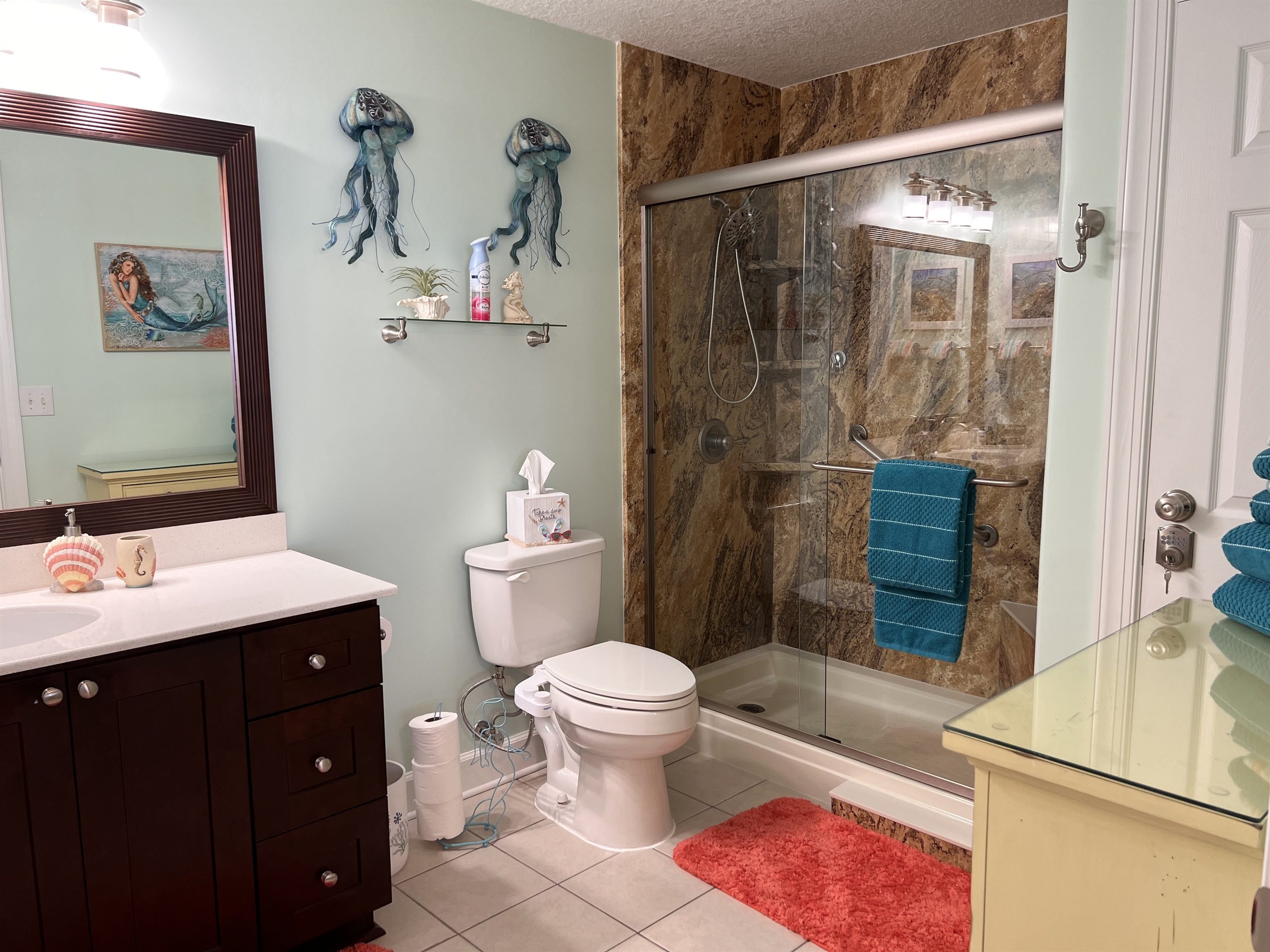 Master bathroom with walk-in shower with dual shower heads