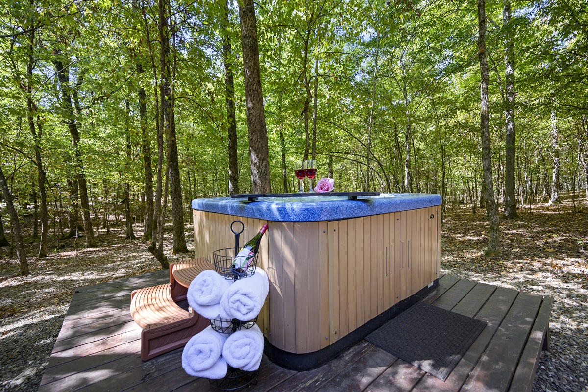 4 person hot tub is open to enjoy the starry nights.