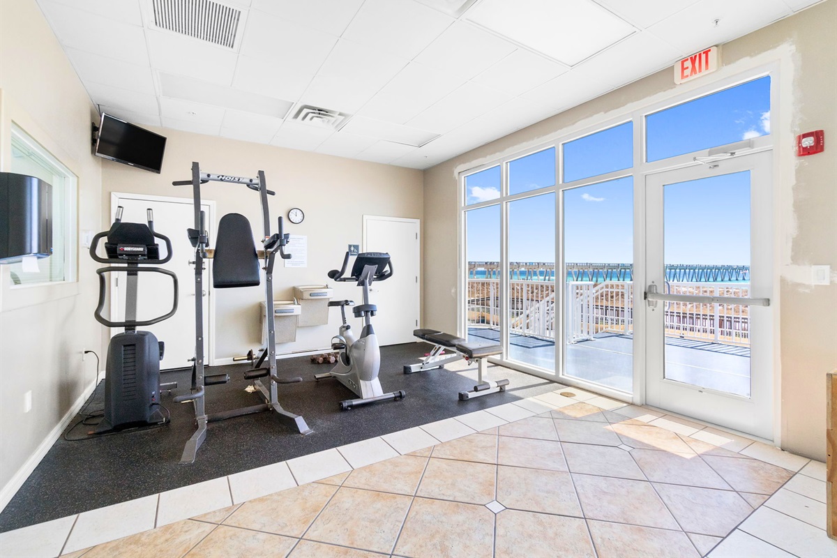 Enjoy your workout routine while overlooking the sparkling waters and white sand shoreline.
