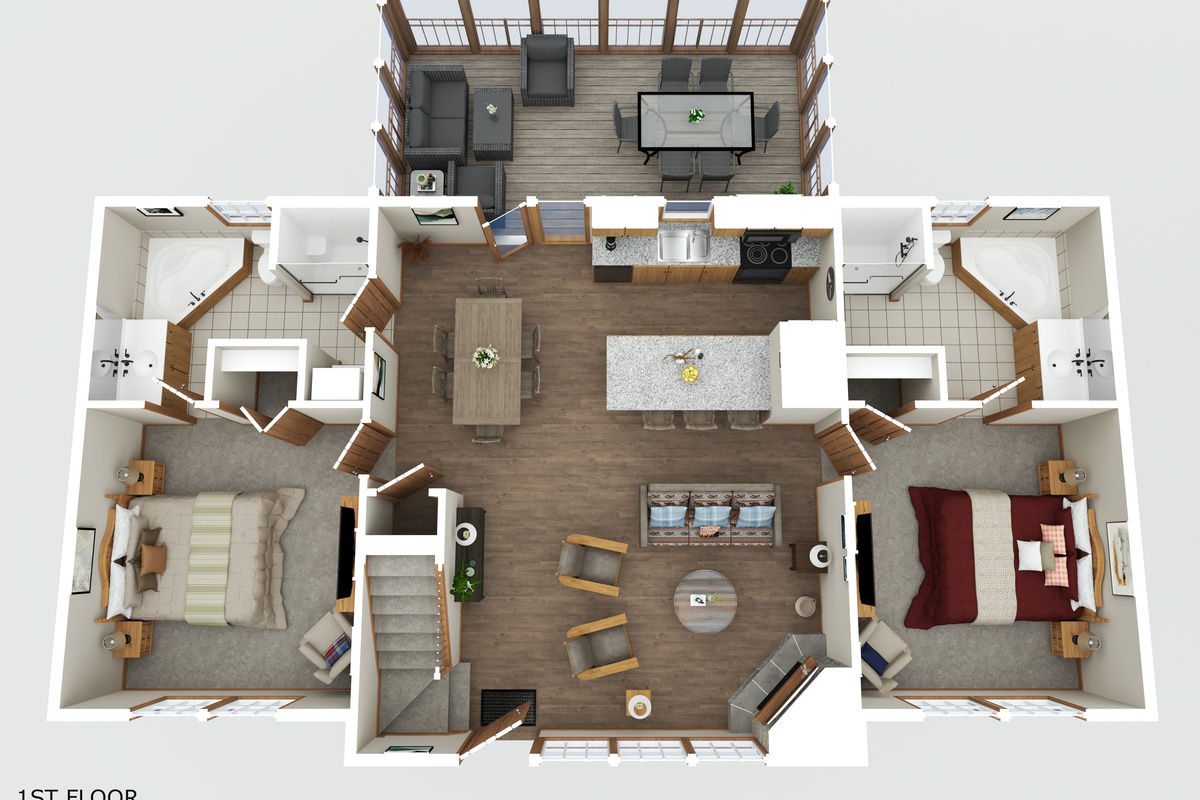 Two private king ensuite bedrooms on the main level, plus the kitchen, dining, living room and screened deck. Perfect for keeping everything you need close by.