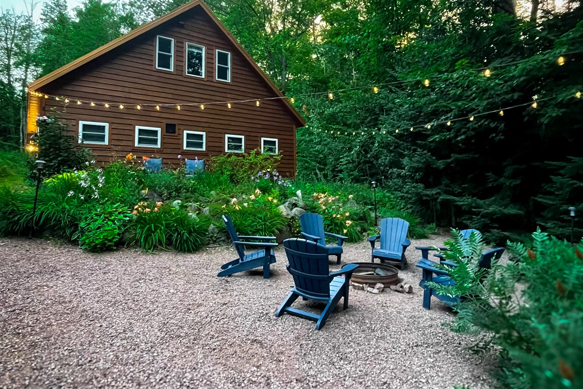 New* feature:  solar powered automatic string lights over the campfire area making it dimly lit at dark. The perfect ambiance. 
