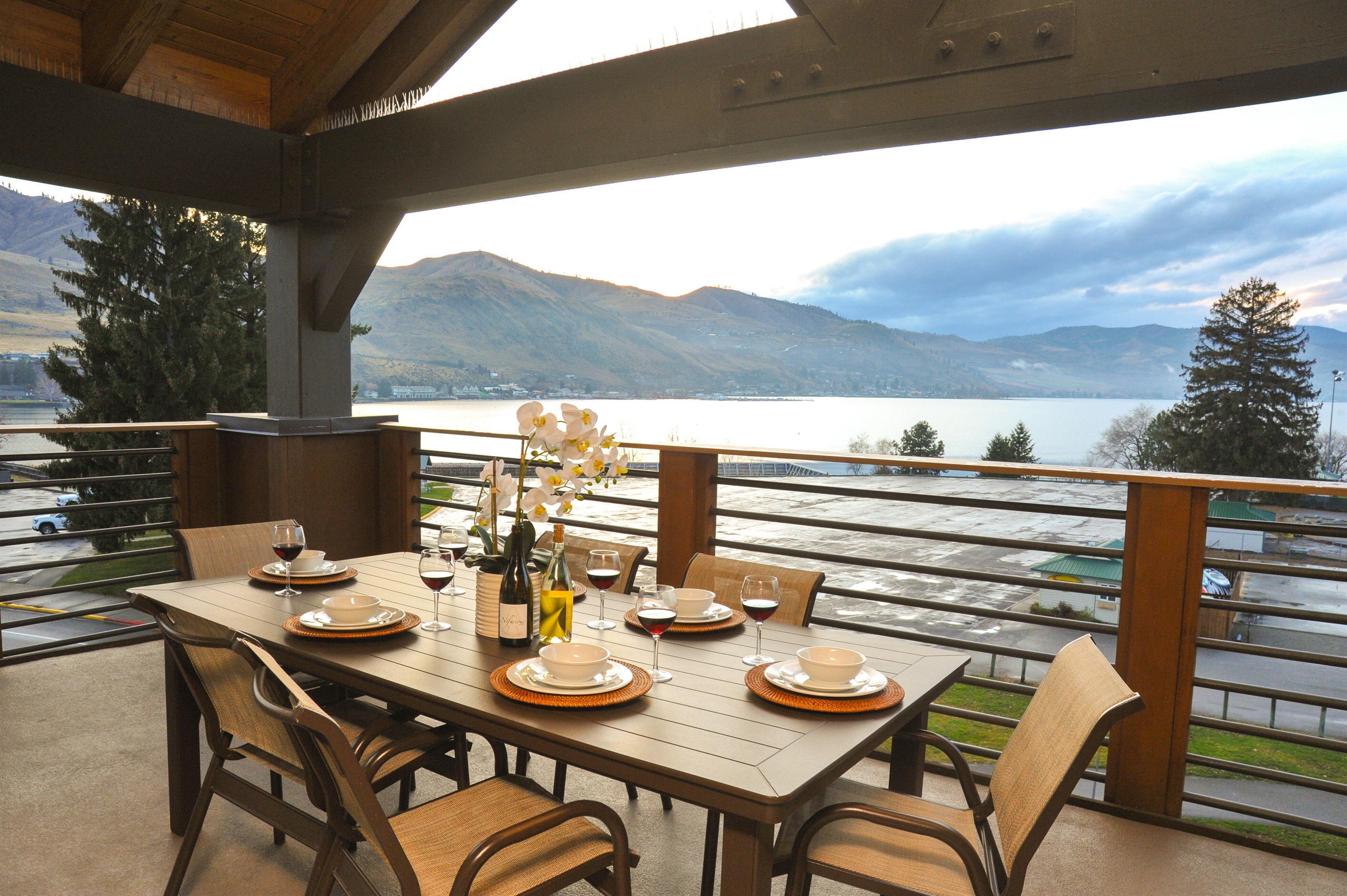 Lake view balcony with outdoor seating for 8