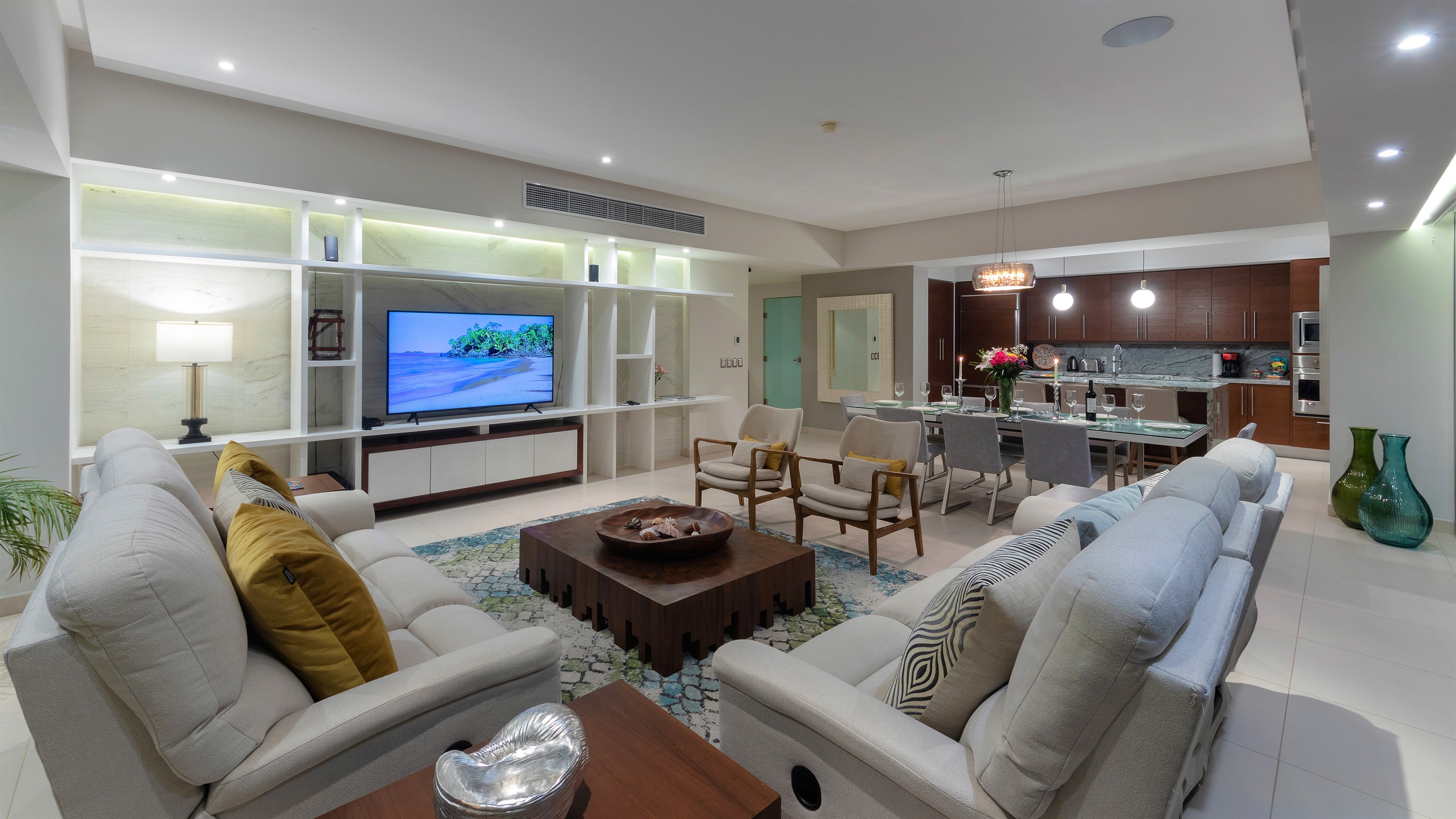 Living Room, Dining Room & Kitchen at Night