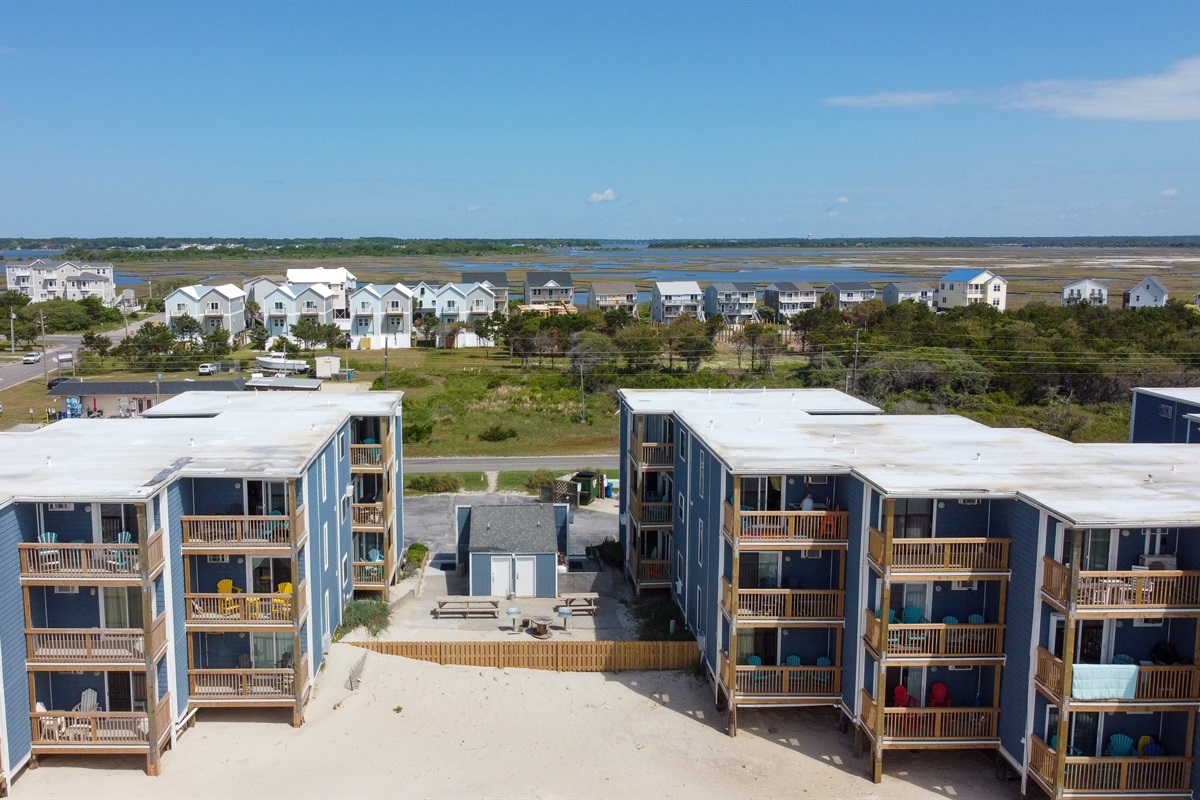 Balcony and community grilling area photographed from the drone