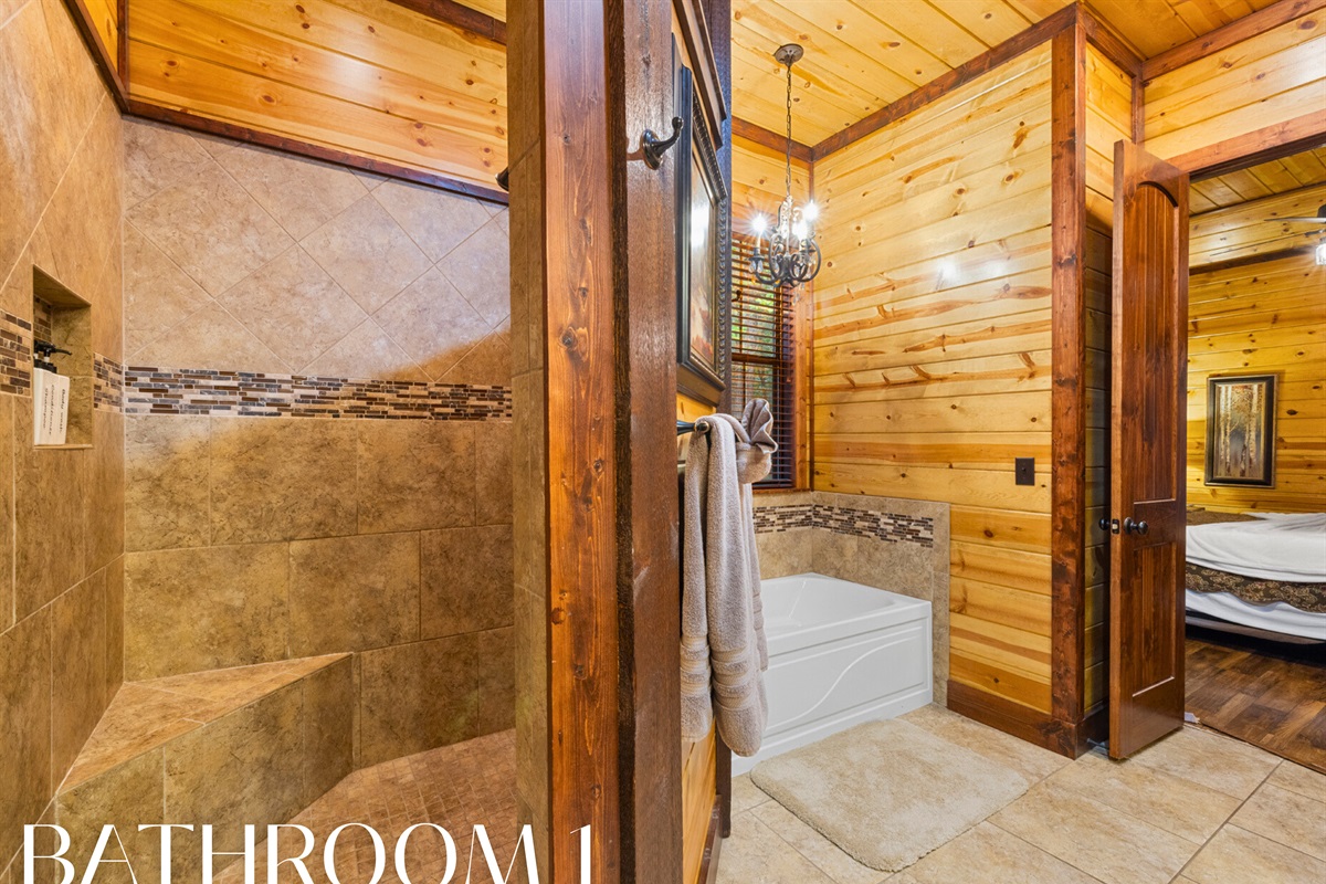 Walk-in tiled shower and soaking tub in a spa-style bathroom.