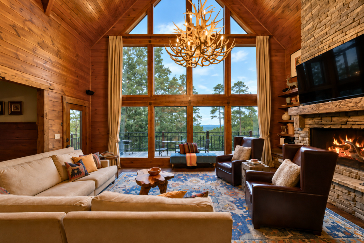 Gather by the fireplace beneath soaring ceilings and woodland views.