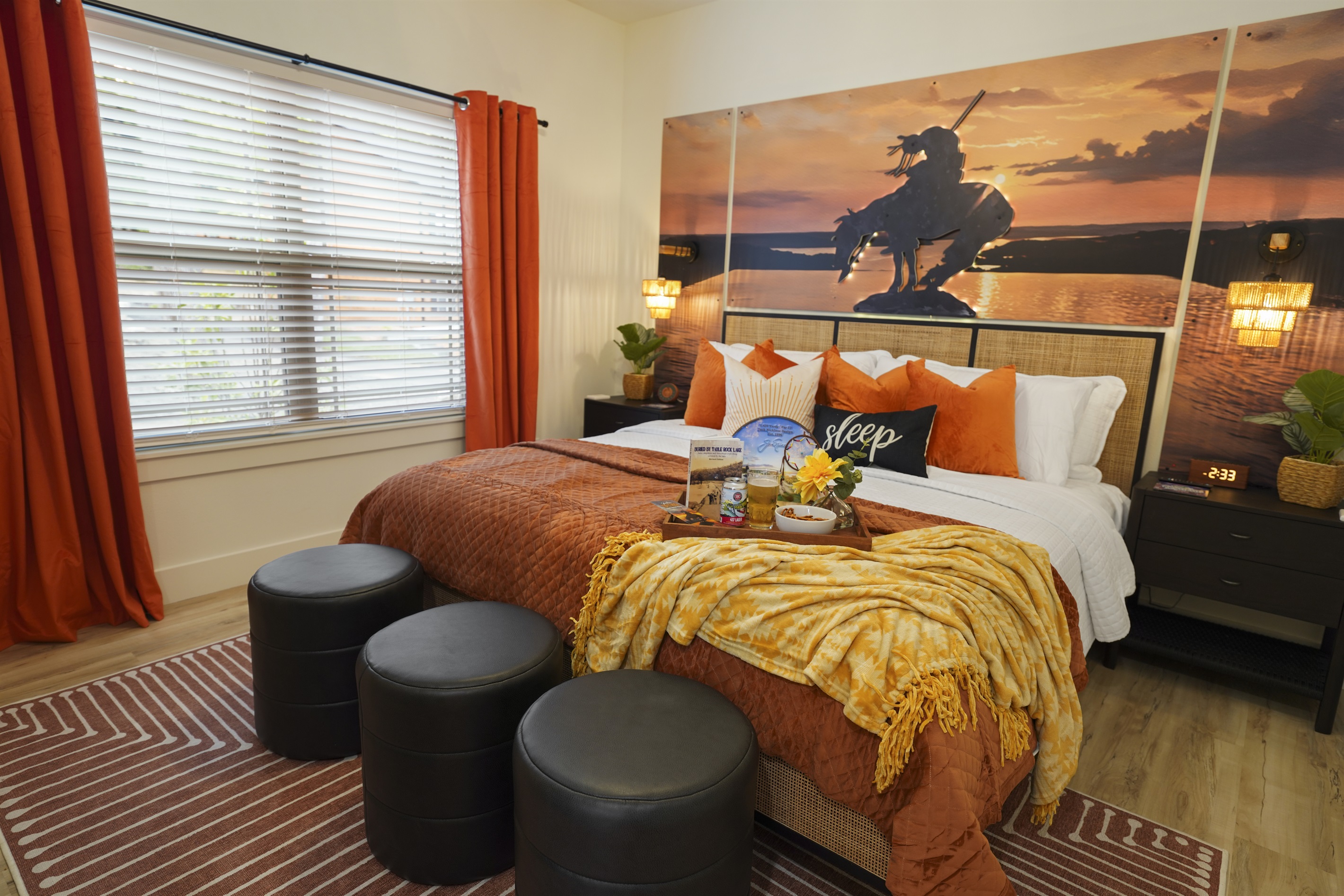 The Top of the Rock room - king bed, luxury mattress, pillows and bedding with attached ensuite bathroom and lighted LED mirrors